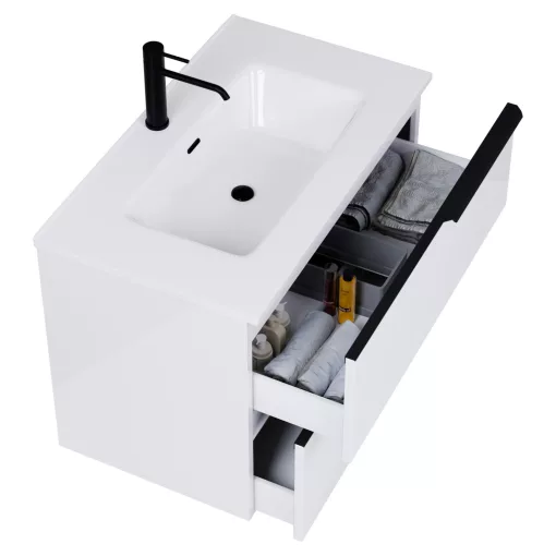 HD Cremona Lacquer White 80 fali mosdószekrény matt fekete fogantyúkkal és fényes fehér slim mosdóval