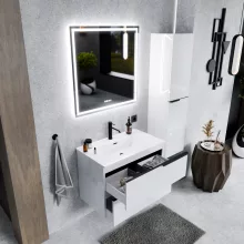 HD Cremona Lacquer White 80 fali mosdószekrény matt fekete fogantyúkkal és fényes fehér slim mosdóval