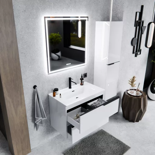HD Cremona Lacquer White 80 fali mosdószekrény matt fekete fogantyúkkal és fényes fehér slim mosdóval
