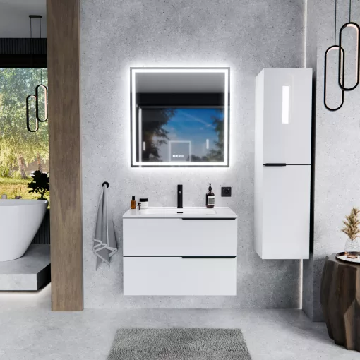 HD Cremona Lacquer White 80 fali mosdószekrény matt fekete fogantyúkkal és fényes fehér slim mosdóval