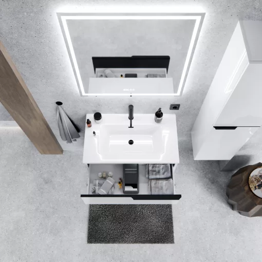 HD Cremona Lacquer White 80 fali mosdószekrény matt fekete fogantyúkkal és fényes fehér slim mosdóval