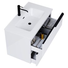 HD Cremona Lacquer White 80 komplett fürdőszoba bútor szett fali mosdószekrénnyel, matt fekete fogantyúkkal, fényes fehér slim mosdóval, tükörrel és magasszekrénnyel