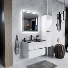 HD Cremona Lacquer White 80 fali mosdószekrény matt fekete fogantyúkkal és matt fekete slim mosdóval