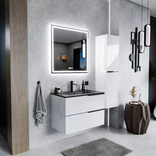 HD Cremona Lacquer White 80 fali mosdószekrény matt fekete fogantyúkkal és matt fekete slim mosdóval
