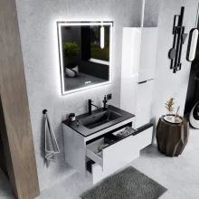 HD Cremona Lacquer White 80 fali mosdószekrény matt fekete fogantyúkkal és matt fekete slim mosdóval