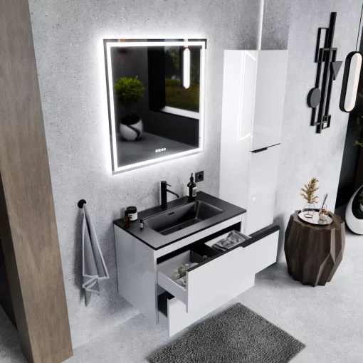 HD Cremona Lacquer White 80 fali mosdószekrény matt fekete fogantyúkkal és matt fekete slim mosdóval