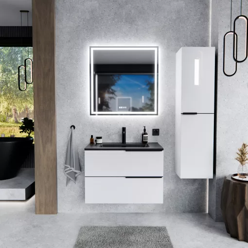 HD Cremona Lacquer White 80 fali mosdószekrény matt fekete fogantyúkkal és matt fekete slim mosdóval