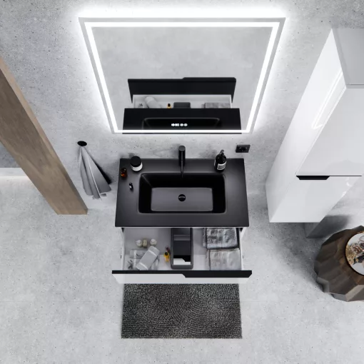 HD Cremona Lacquer White 80 fali mosdószekrény matt fekete fogantyúkkal és matt fekete slim mosdóval