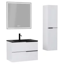 HD Cremona Lacquer White 80 komplett fürdőszoba bútor szett fali mosdószekrénnyel, matt fekete fogantyúkkal, matt fekete slim mosdóval, tükörrel és magasszekrénnyel