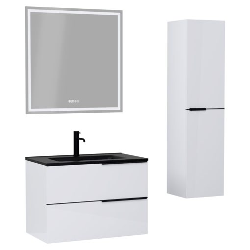 HD Cremona Lacquer White 80 komplett fürdőszoba bútor szett fali mosdószekrénnyel, matt fekete fogantyúkkal, matt fekete slim mosdóval, tükörrel és magasszekrénnyel