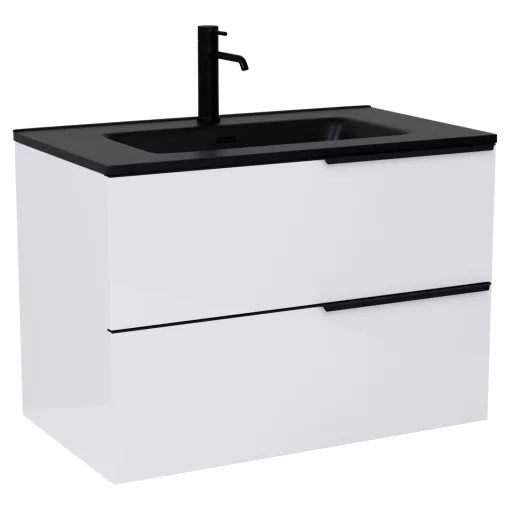 HD Cremona Lacquer White 80 komplett fürdőszoba bútor szett fali mosdószekrénnyel, matt fekete fogantyúkkal, matt fekete slim mosdóval, tükörrel és magasszekrénnyel