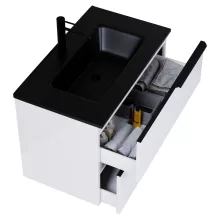 HD Cremona Lacquer White 80 komplett fürdőszoba bútor szett fali mosdószekrénnyel, matt fekete fogantyúkkal, matt fekete slim mosdóval, tükörrel és magasszekrénnyel