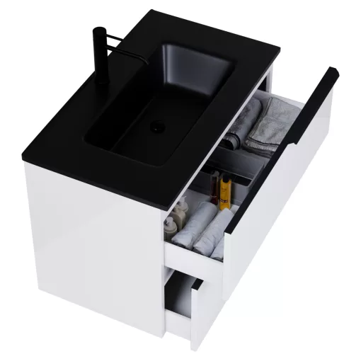 HD Cremona Lacquer White 80 komplett fürdőszoba bútor szett fali mosdószekrénnyel, matt fekete fogantyúkkal, matt fekete slim mosdóval, tükörrel és magasszekrénnyel