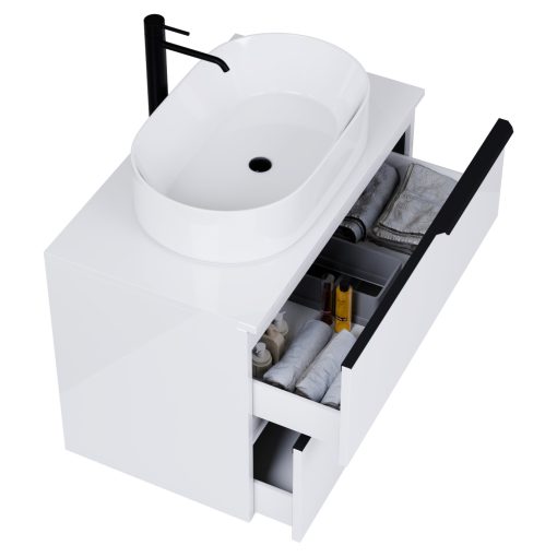 HD Carona Lacquer White 80 fali mosdószekrény fényes fehér mosdópulttal és matt fekete fogantyúkkal