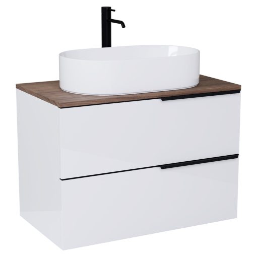 HD Carona Lacquer White 80 fali mosdószekrény tölgyfa színű mosdópulttal és matt fekete fogantyúkkal