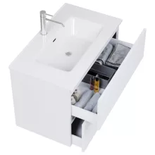 HD Aria Pro Silk Matt White 80 komplett fürdőszoba bútor fali push-to-open mosdószekrénnyel, fényes fehér slim mosdóval és tükörrel