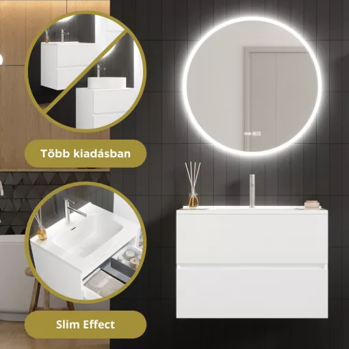 HD Aria Pro Silk Matt White 80 komplett fürdőszoba bútor fali push-to-open mosdószekrénnyel, fényes fehér slim mosdóval és tükörrel