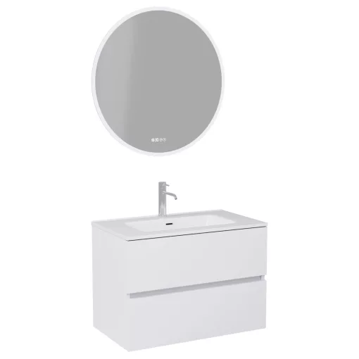 HD Aria Silk Matt White 80 komplett fürdőszoba bútor fali mosdószekrénnyel, fényes fehér slim mosdóval és tükörrel