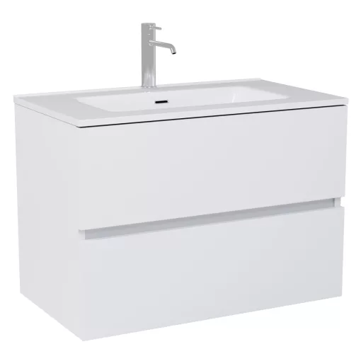 HD Aria Silk Matt White 80 komplett fürdőszoba bútor fali mosdószekrénnyel, fényes fehér slim mosdóval és tükörrel