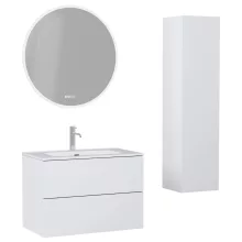 HD Aria Pro Silk Matt White 80 komplett fürdőszoba bútor szett fali push-to-open mosdószekrénnyel, fényes fehér slim mosdóval, tükörrel és magasszekrénnyel