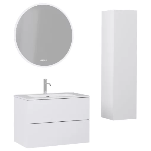 HD Aria Pro Silk Matt White 80 komplett fürdőszoba bútor szett fali push-to-open mosdószekrénnyel, fényes fehér slim mosdóval, tükörrel és magasszekrénnyel