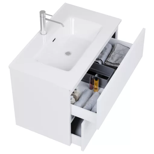 HD Aria Pro Silk Matt White 80 komplett fürdőszoba bútor szett fali push-to-open mosdószekrénnyel, fényes fehér slim mosdóval, tükörrel és magasszekrénnyel