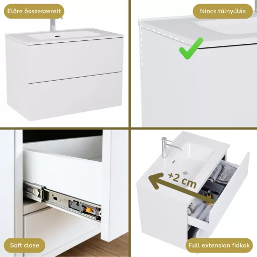 HD Aria Pro Silk Matt White 80 komplett fürdőszoba bútor szett fali push-to-open mosdószekrénnyel, fényes fehér slim mosdóval, tükörrel és magasszekrénnyel