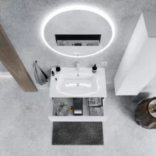 HD Aria Pro Silk Matt White 80 komplett fürdőszoba bútor szett fali push-to-open mosdószekrénnyel, fényes fehér slim mosdóval, tükörrel és magasszekrénnyel