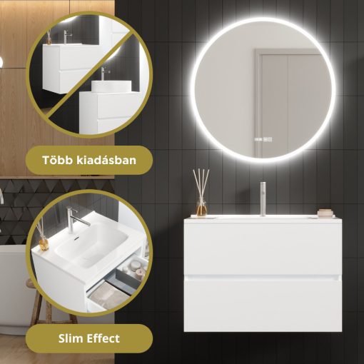 HD Aria Silk Matt White 80 komplett fürdőszoba bútor szett fali mosdószekrénnyel, fényes fehér slim mosdóval, tükörrel és magasszekrénnyel