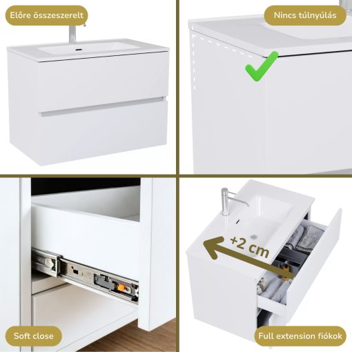 HD Aria Silk Matt White 80 komplett fürdőszoba bútor szett fali mosdószekrénnyel, fényes fehér slim mosdóval, tükörrel és magasszekrénnyel