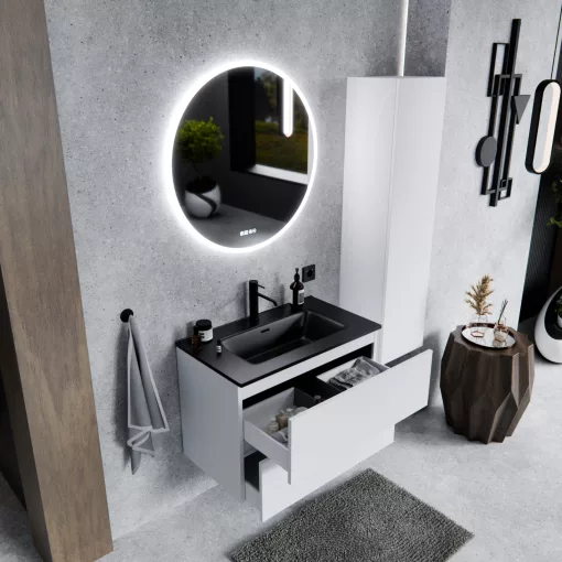 HD Aria Pro Silk Matt White 80 fali mosdószekrény, push-to-open mechanizmussal, matt fekete slim mosdóval