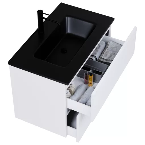 HD Aria Pro Silk Matt White 80 komplett fürdőszoba bútor fali push-to-open mosdószekrénnyel, matt fekete slim mosdóval és tükörrel