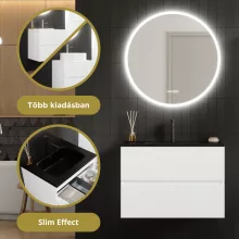 HD Aria Pro Silk Matt White 80 komplett fürdőszoba bútor fali push-to-open mosdószekrénnyel, matt fekete slim mosdóval és tükörrel