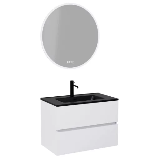 HD Aria Silk Matt White 80 komplett fürdőszoba bútor fali mosdószekrénnyel, matt fekete slim mosdóval és tükörrel