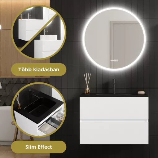 HD Aria Silk Matt White 80 komplett fürdőszoba bútor fali mosdószekrénnyel, matt fekete slim mosdóval és tükörrel