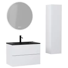 HD Aria Pro Silk Matt White 80 komplett fürdőszoba bútor szett fali push-to-open mosdószekrénnyel, matt fekete slim mosdóval, tükörrel és magasszekrénnyel