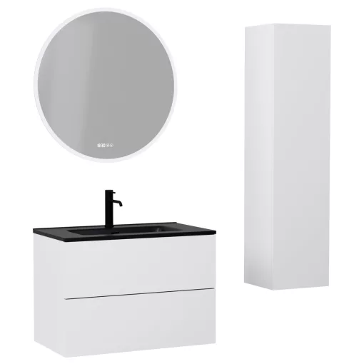 HD Aria Pro Silk Matt White 80 komplett fürdőszoba bútor szett fali push-to-open mosdószekrénnyel, matt fekete slim mosdóval, tükörrel és magasszekrénnyel