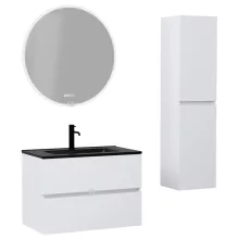 HD Aria Silk Matt White 80 komplett fürdőszoba bútor szett fali mosdószekrénnyel, matt fekete slim mosdóval, tükörrel és magasszekrénnyel