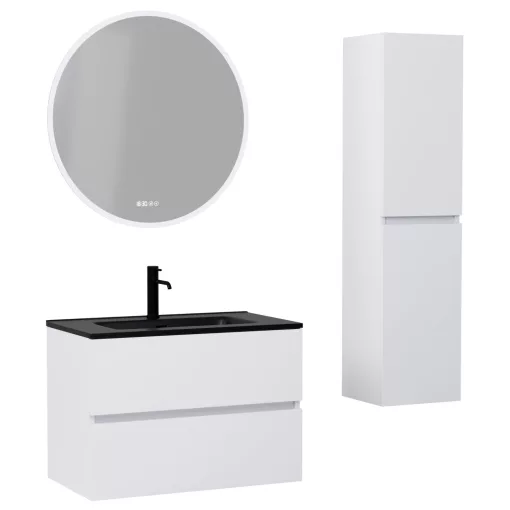 HD Aria Silk Matt White 80 komplett fürdőszoba bútor szett fali mosdószekrénnyel, matt fekete slim mosdóval, tükörrel és magasszekrénnyel