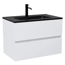 HD Aria Silk Matt White 80 komplett fürdőszoba bútor szett fali mosdószekrénnyel, matt fekete slim mosdóval, tükörrel és magasszekrénnyel