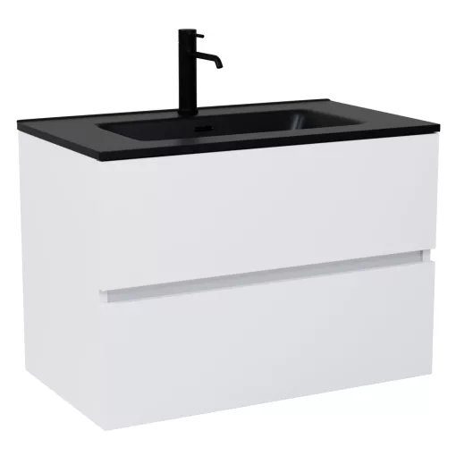 HD Aria Silk Matt White 80 komplett fürdőszoba bútor szett fali mosdószekrénnyel, matt fekete slim mosdóval, tükörrel és magasszekrénnyel