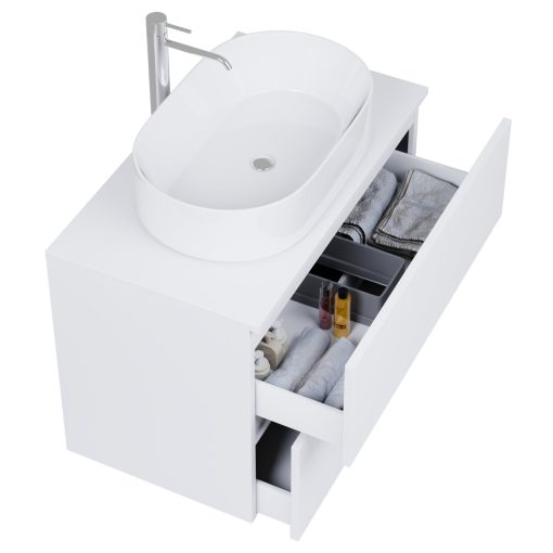 HD Zyra Pro Silk Matt White 80 komplett fürdőszoba bútor fali push-to-open mosdószekrénnyel, selymes matt fehér mosdópulttal és tükörrel