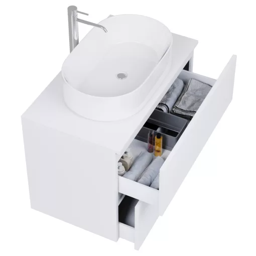HD Zyra Pro Silk Matt White 80 komplett fürdőszoba bútor fali push-to-open mosdószekrénnyel, selymes matt fehér mosdópulttal és tükörrel