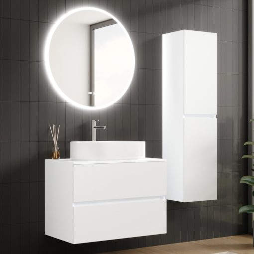 HD Zyra Silk Matt White 80 komplett fürdőszoba bútor fali mosdószekrénnyel, selymes matt fehér mosdópulttal és tükörrel