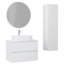 HD Zyra Pro Silk Matt White 80 komplett fürdőszoba bútor szett fali push-to-open mosdószekrénnyel, selymes matt fehér mosdópulttal, tükörrel és magasszekrénnyel