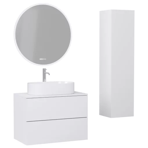 HD Zyra Pro Silk Matt White 80 komplett fürdőszoba bútor szett fali push-to-open mosdószekrénnyel, selymes matt fehér mosdópulttal, tükörrel és magasszekrénnyel