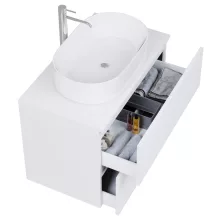 HD Zyra Pro Silk Matt White 80 komplett fürdőszoba bútor szett fali push-to-open mosdószekrénnyel, selymes matt fehér mosdópulttal, tükörrel és magasszekrénnyel