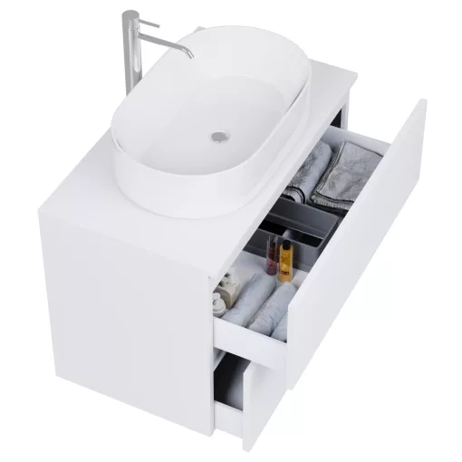 HD Zyra Pro Silk Matt White 80 komplett fürdőszoba bútor szett fali push-to-open mosdószekrénnyel, selymes matt fehér mosdópulttal, tükörrel és magasszekrénnyel