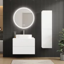 HD Zyra Pro Silk Matt White 80 komplett fürdőszoba bútor szett fali push-to-open mosdószekrénnyel, selymes matt fehér mosdópulttal, tükörrel és magasszekrénnyel