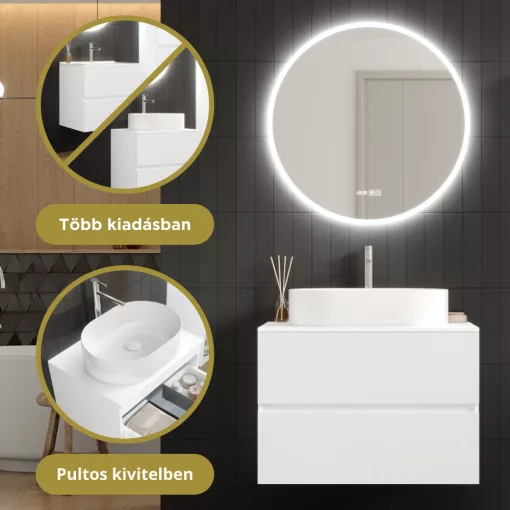 HD Zyra Pro Silk Matt White 80 komplett fürdőszoba bútor szett fali push-to-open mosdószekrénnyel, selymes matt fehér mosdópulttal, tükörrel és magasszekrénnyel